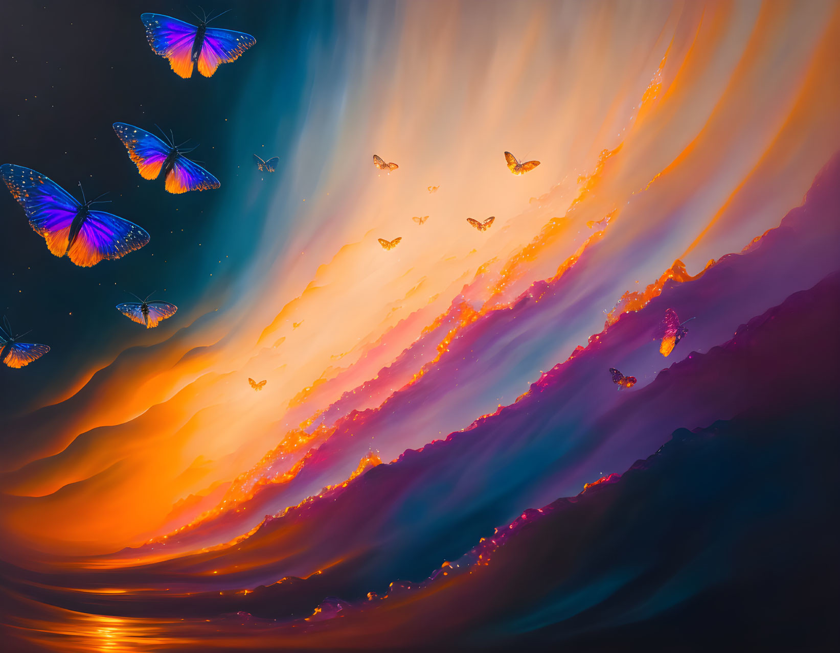 Colorful sunset sky with dynamic orange and blue clouds and butterflies.