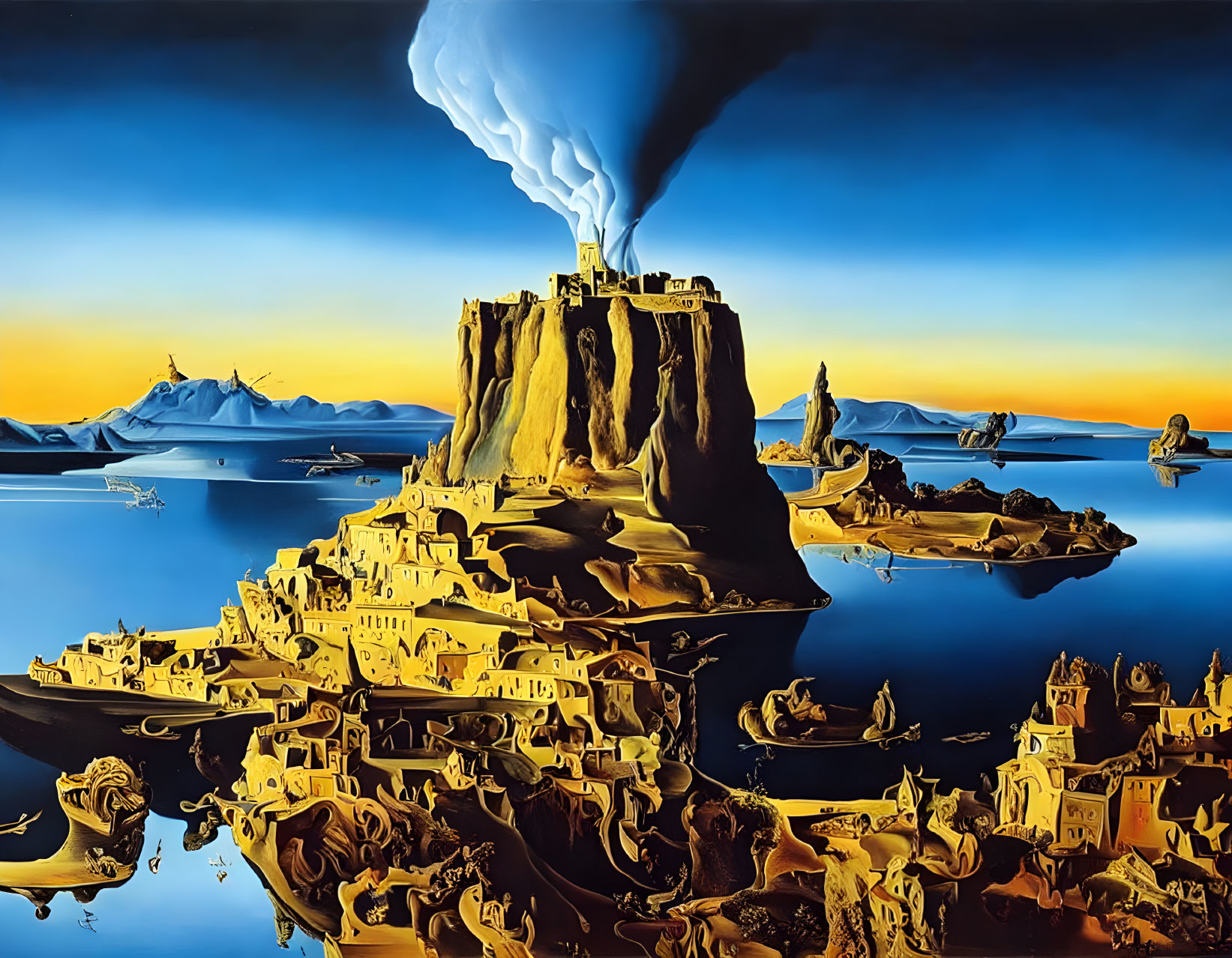 Surreal rocky island with smoking chimney amid fantastical buildings by serene sea