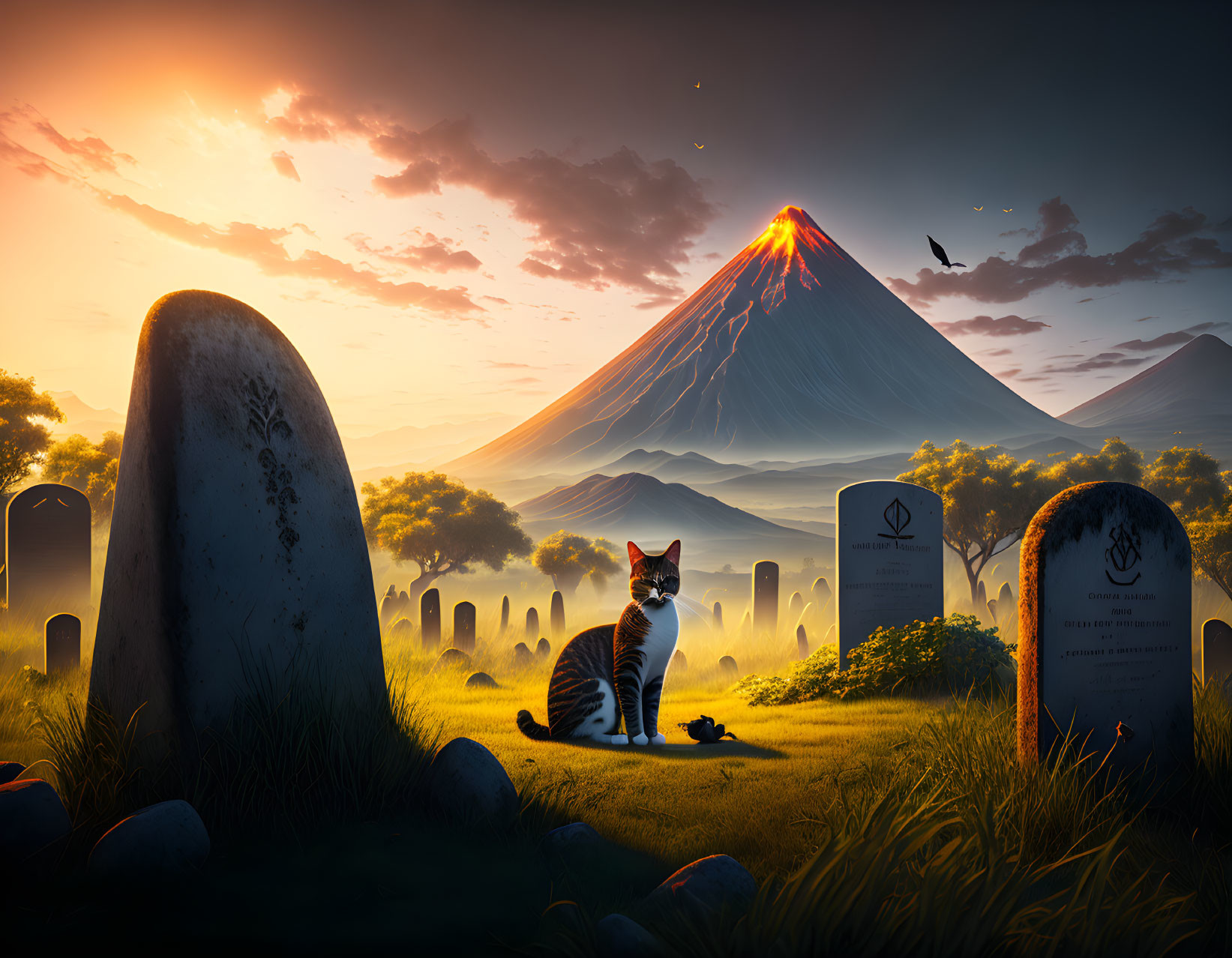 Sunset graveyard scene with cat, tombstones, bird, and volcano.