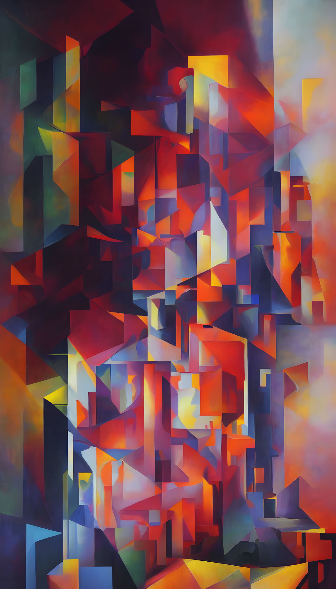 Colorful Abstract Geometric Painting with Red, Orange, and Blue Hues