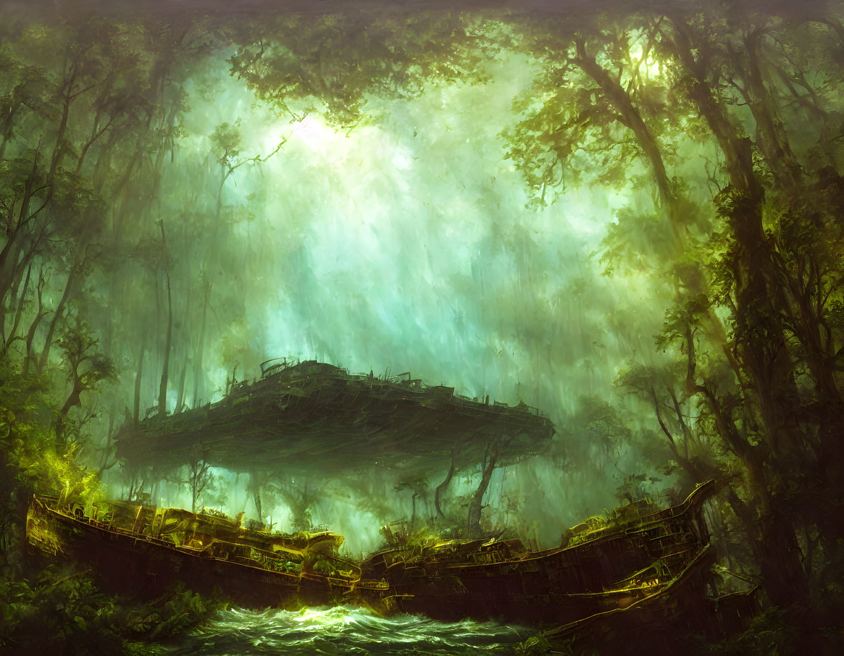 Sunlit foggy forest with shipwreck among trees