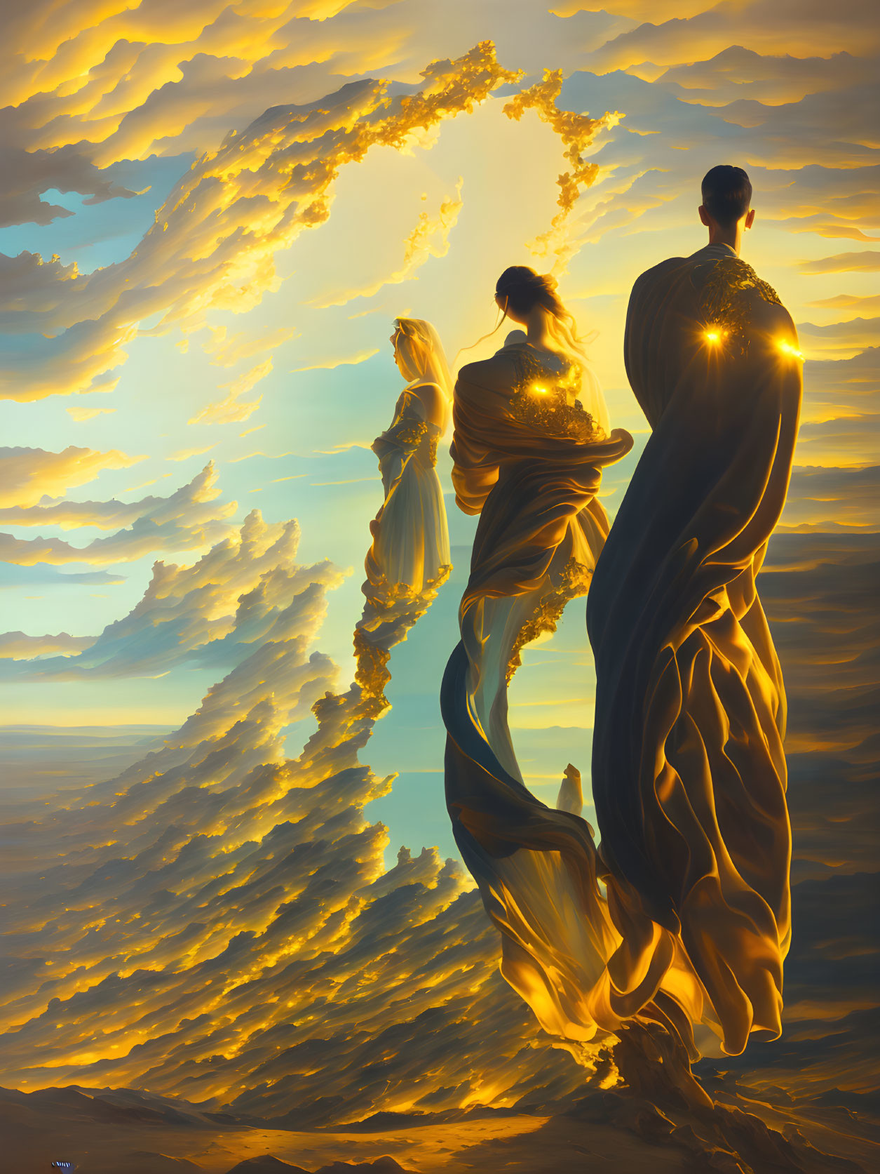 Three figures in glowing robes admire a golden, cloud-filled sky