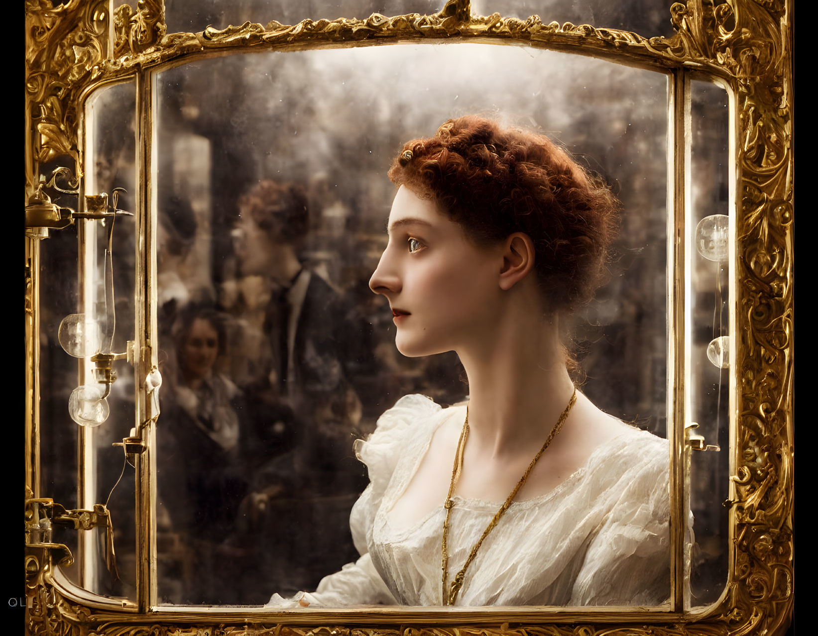 Curly auburn-haired woman gazing in vintage mirror with blurred crowd reflection