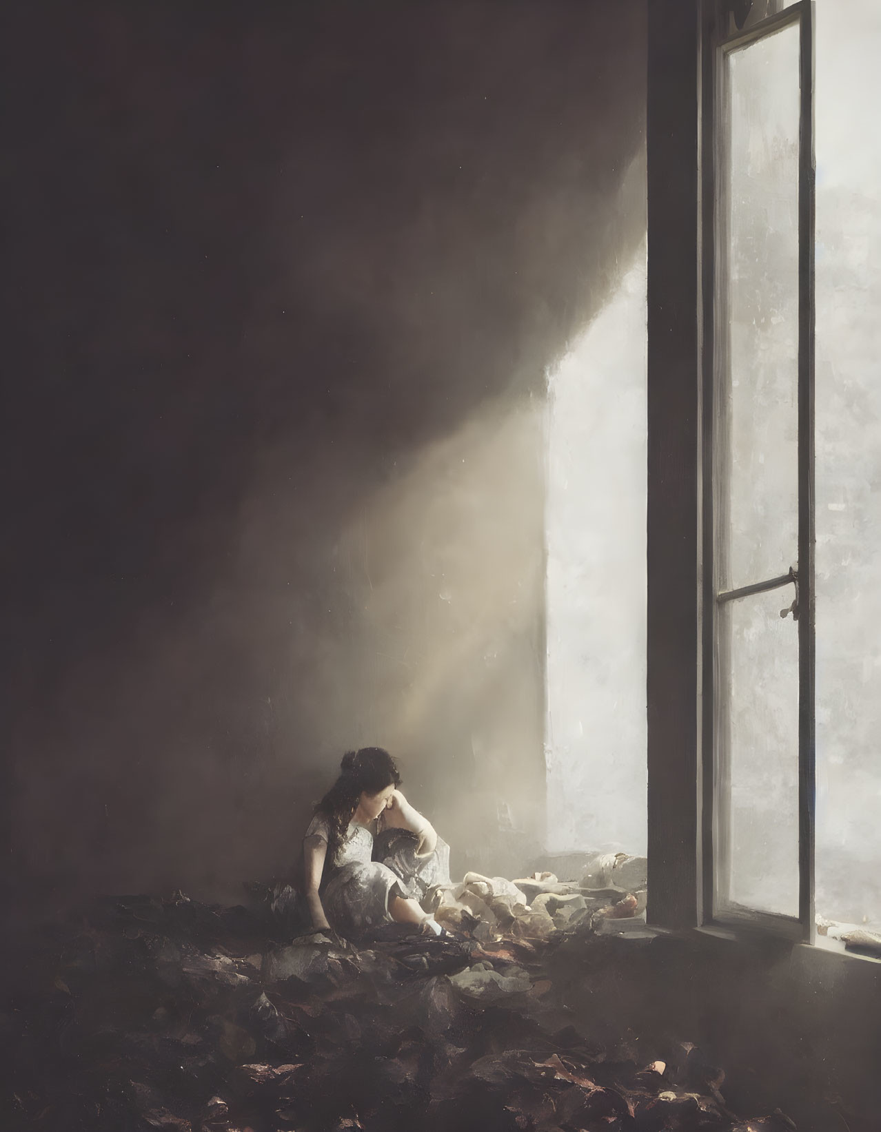 Person Sitting by Window with Sunlight Amidst Gloom and Detritus