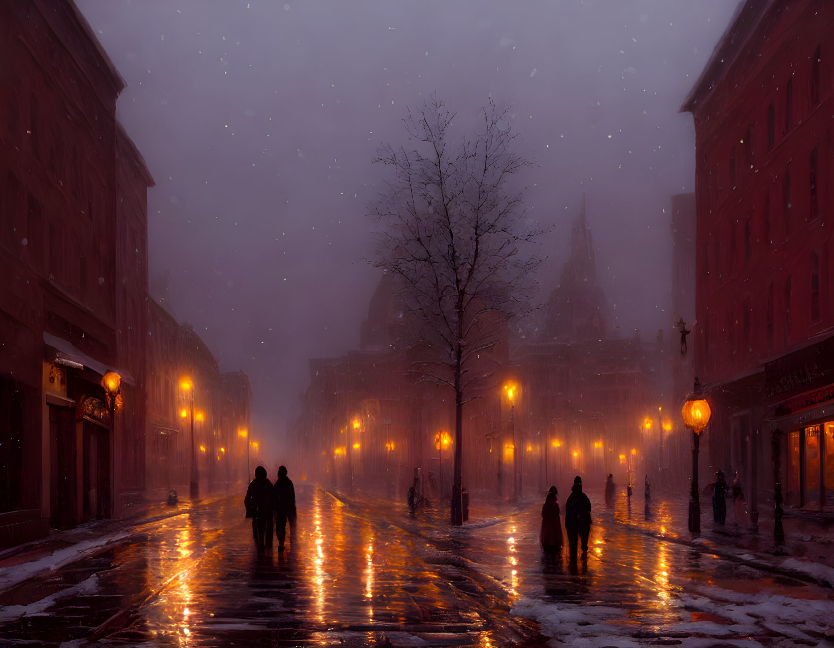 Snowy City Street at Night with People Walking Under Warm Streetlights