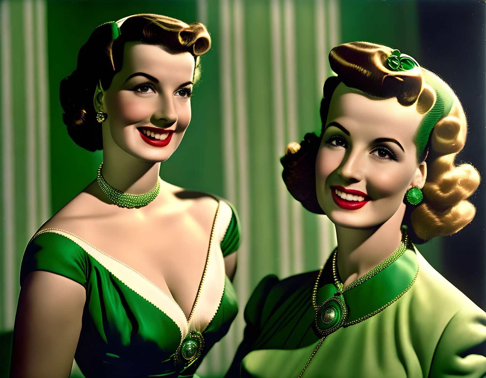 Vintage Hairstyle Women in Matching Green Dresses and Necklaces