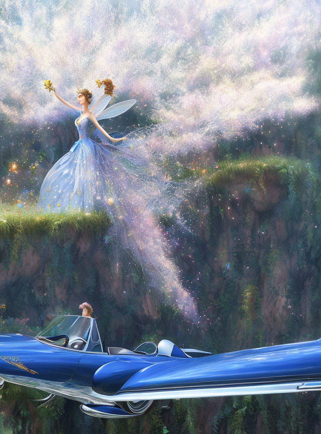 Whimsical artwork of fairy with translucent wings above blue convertible in lush landscape