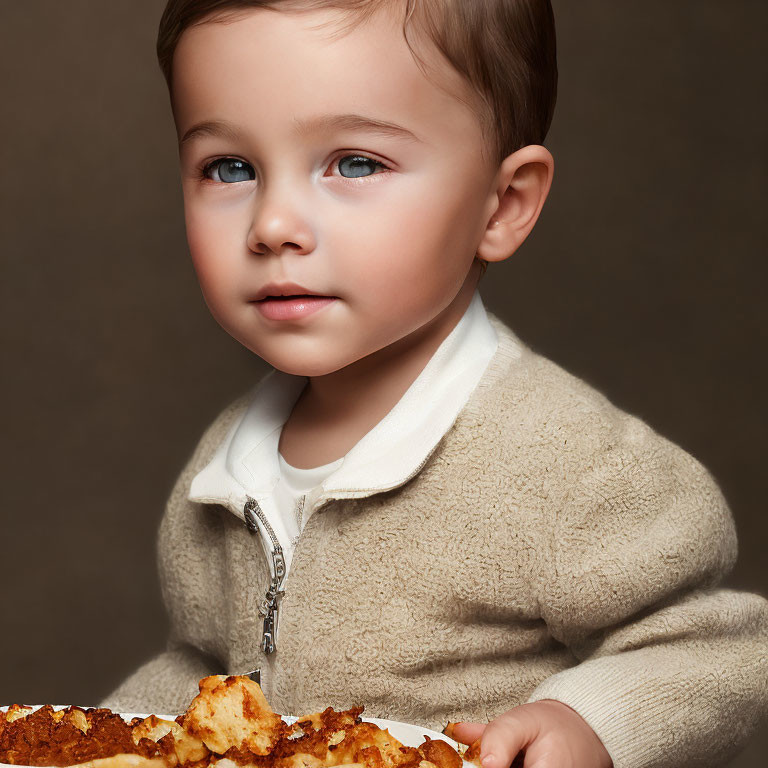 Thoughtful toddler in beige sweater on brown background