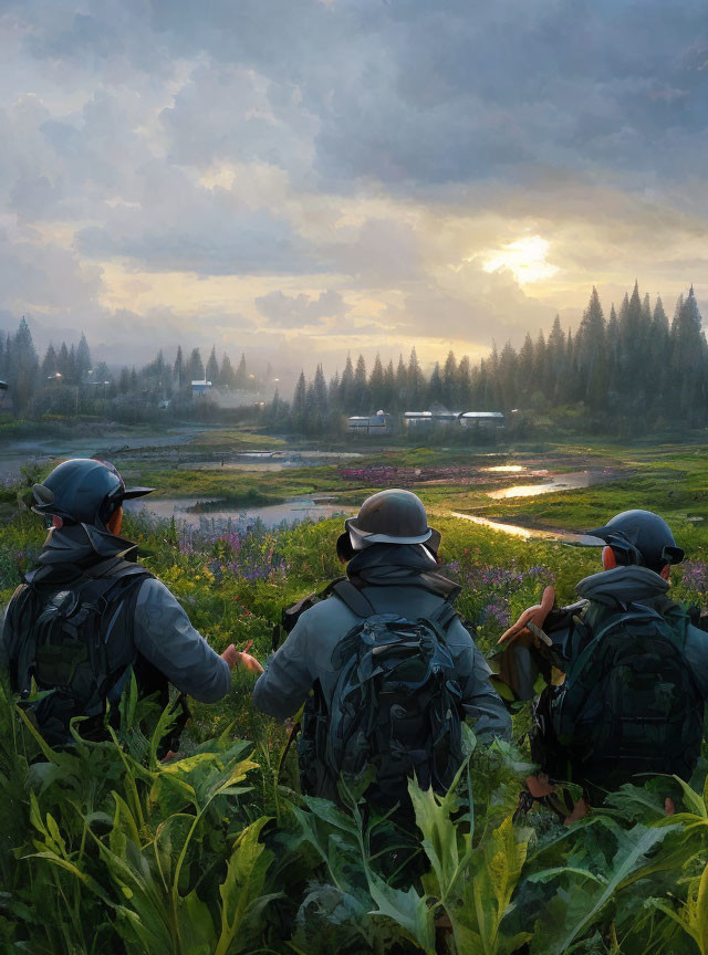 Three people with backpacks admire sunrise over serene wetland with lush greenery and distant cabins.