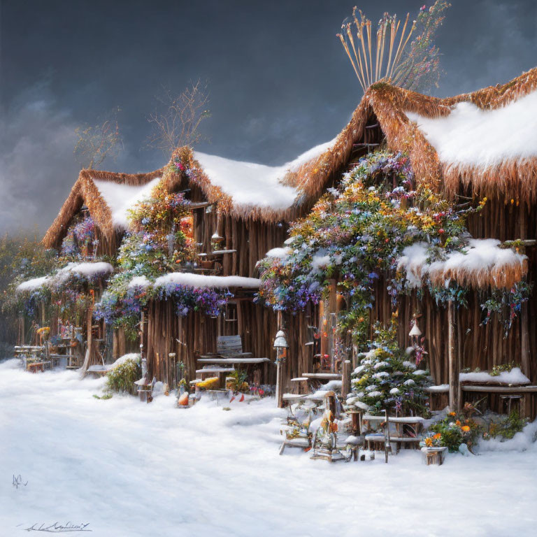 Snow-covered village with thatched roof houses and Christmas decorations in serene wintry landscape