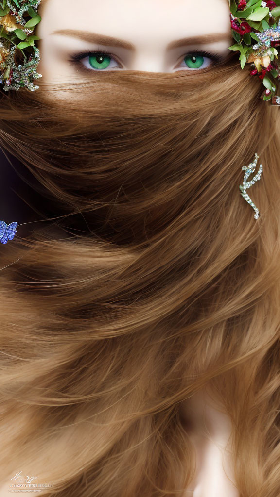 Woman with Green Eyes and Flowing Brown Hair in Floral Hair Accessories