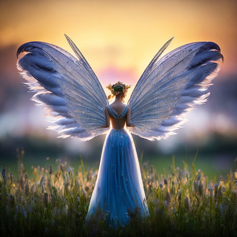 Person with illuminated angel wings in blue dress at sunset field