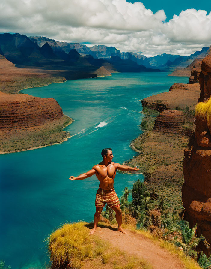 Traditional Attire Person on Cliff Overlooking Serene River & Rock Formations