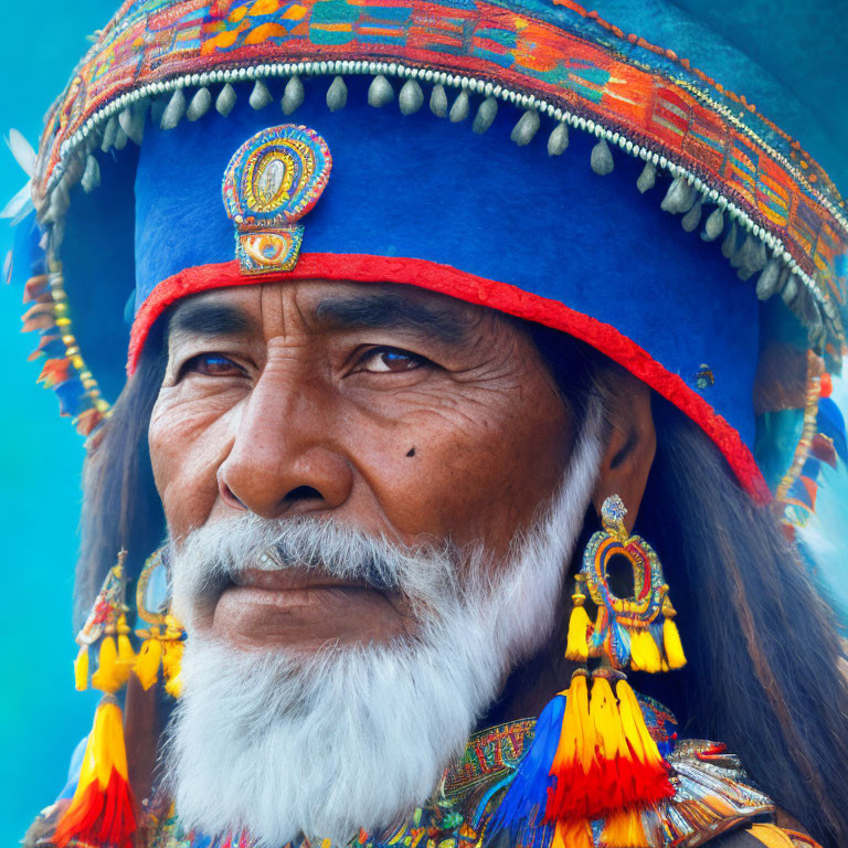 Weathered-faced man in vibrant blue traditional headdress with feathers and beadwork.