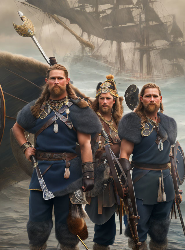 Three Viking warriors in traditional armor with weapons, longship in misty background