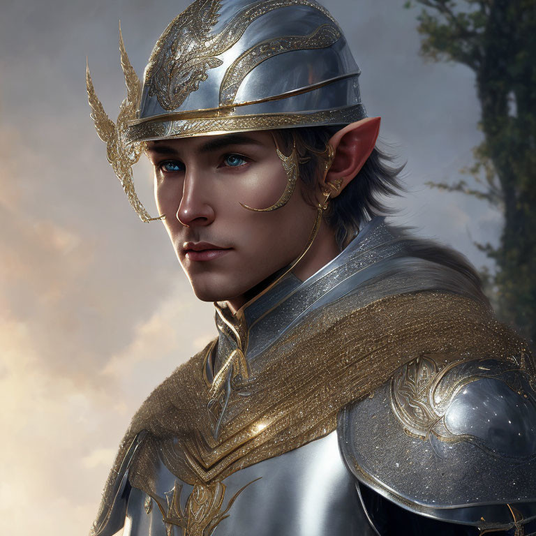 Elf portrait with pointed ears and silver helmet with gold accents.