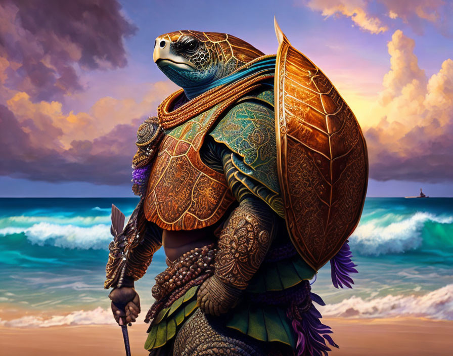 Turtle warrior in ornate armor at sunset beach