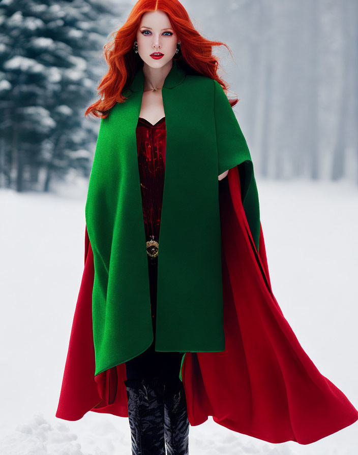 Vibrant red-haired woman in green and red cloak in snow-covered forest