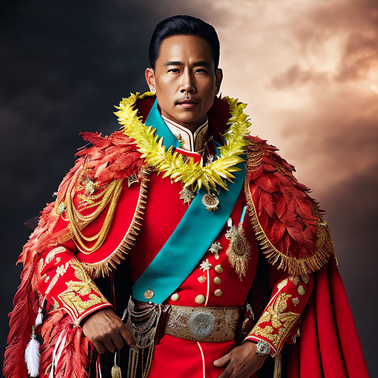 Regal man in red and gold attire with sword against stormy sky.