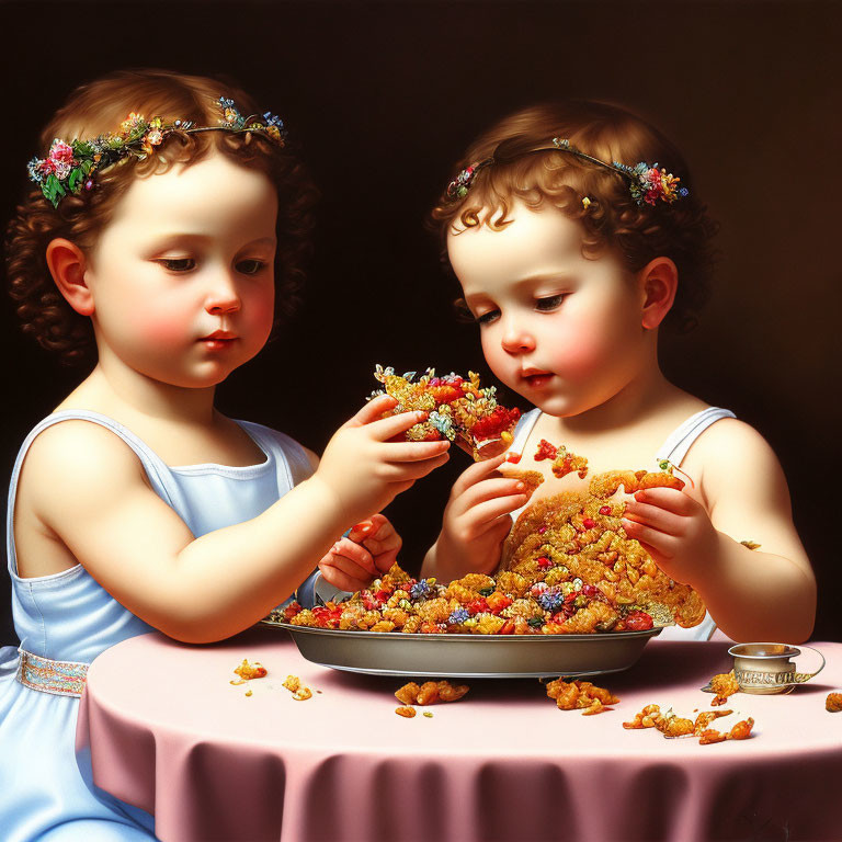 Young children with floral crowns eating colorful cereal on pink table