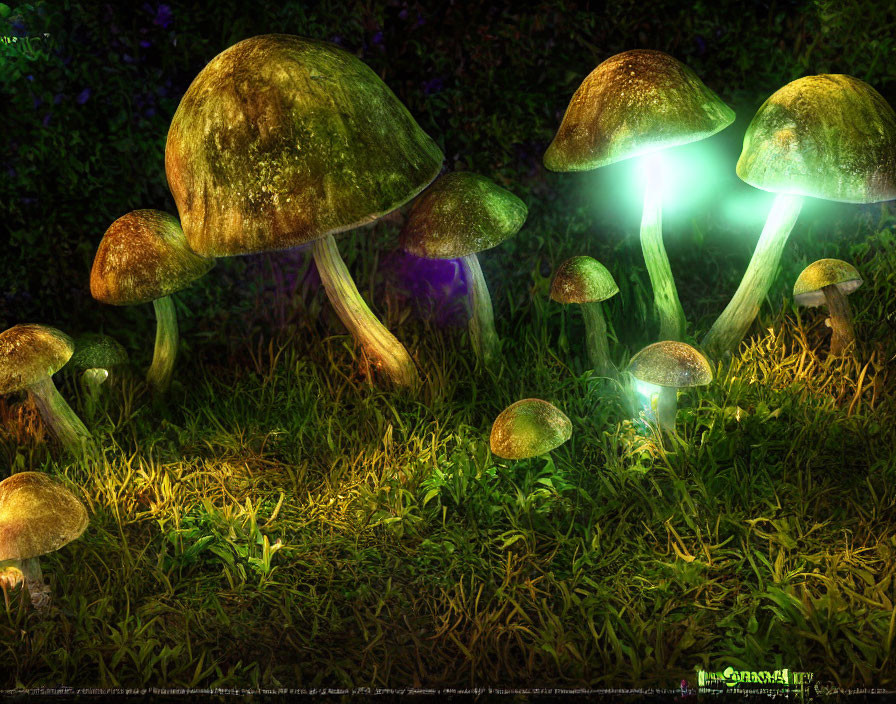 Mystical forest scene with glowing mushrooms at night