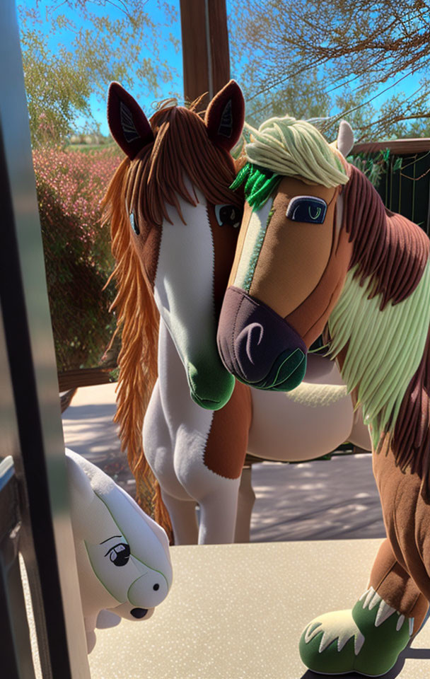 Plush Horse Toys with Green and Brown Manes on Table with Greenery