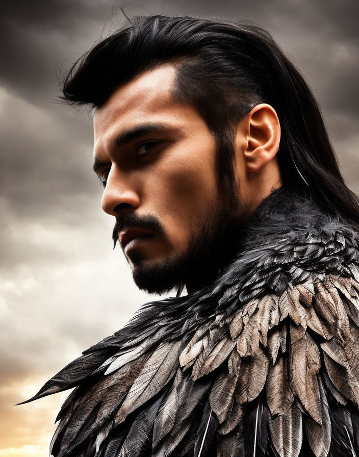 Person with stern expression wearing dark feathered shoulder piece against stormy sky