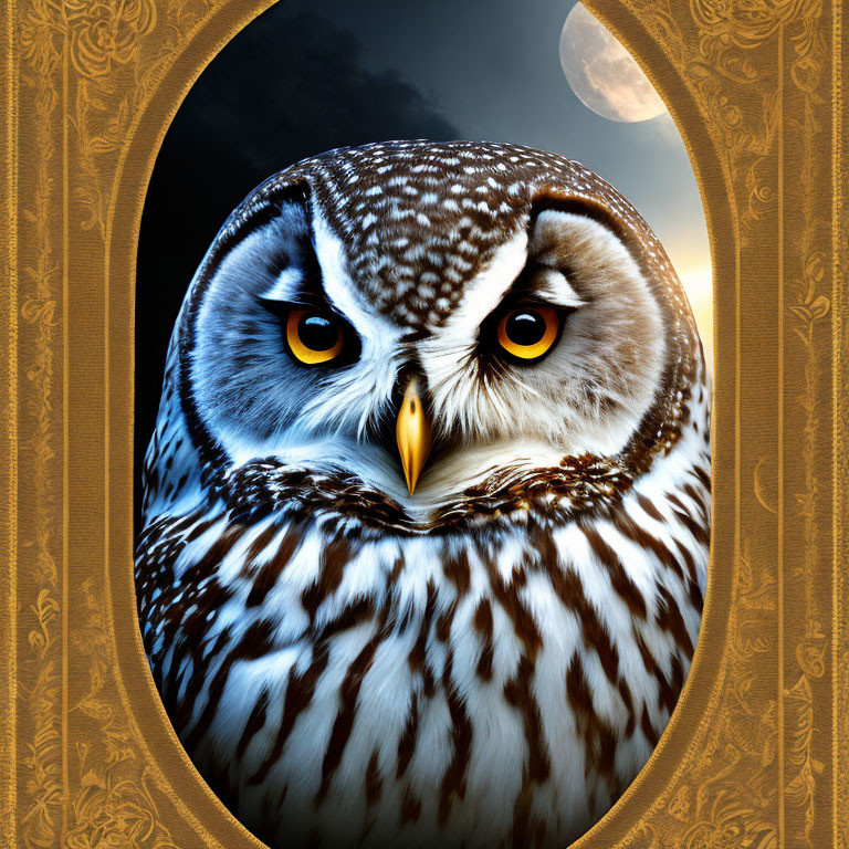 Detailed owl with yellow eyes in golden frame on night sky backdrop