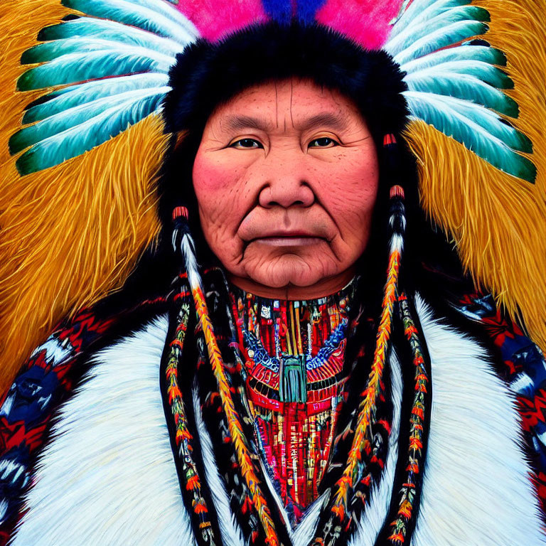 Traditional Native American Attire with Feathered Headdress and Beadwork