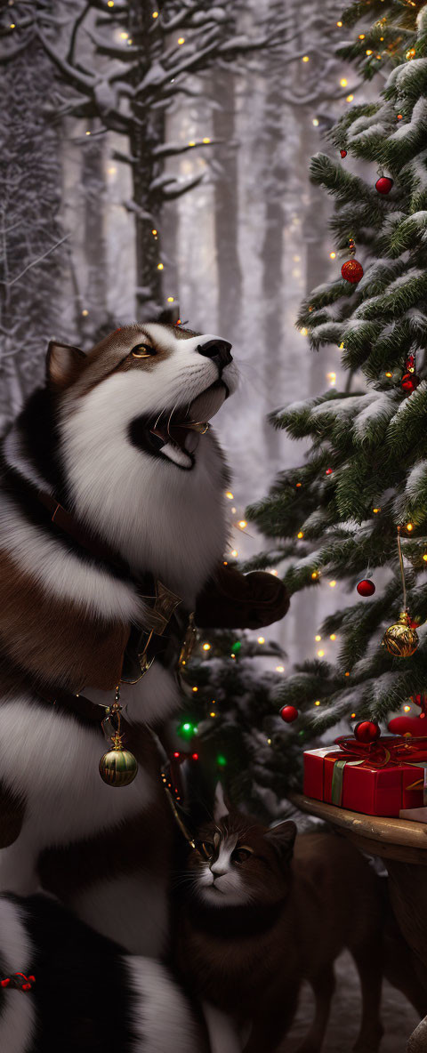 Dog and cat by Christmas tree with snowy forest backdrop and gifts.