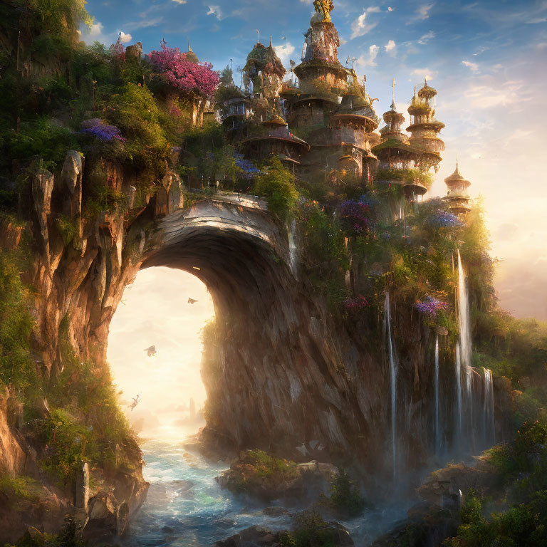 Fantastical landscape with ornate palace on stone arch, waterfalls, greenery, and flying