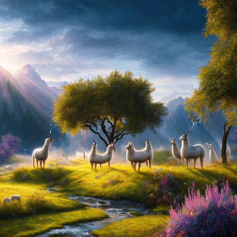 Fantasy landscape with unicorns, stream, lush foliage, and sunbeams