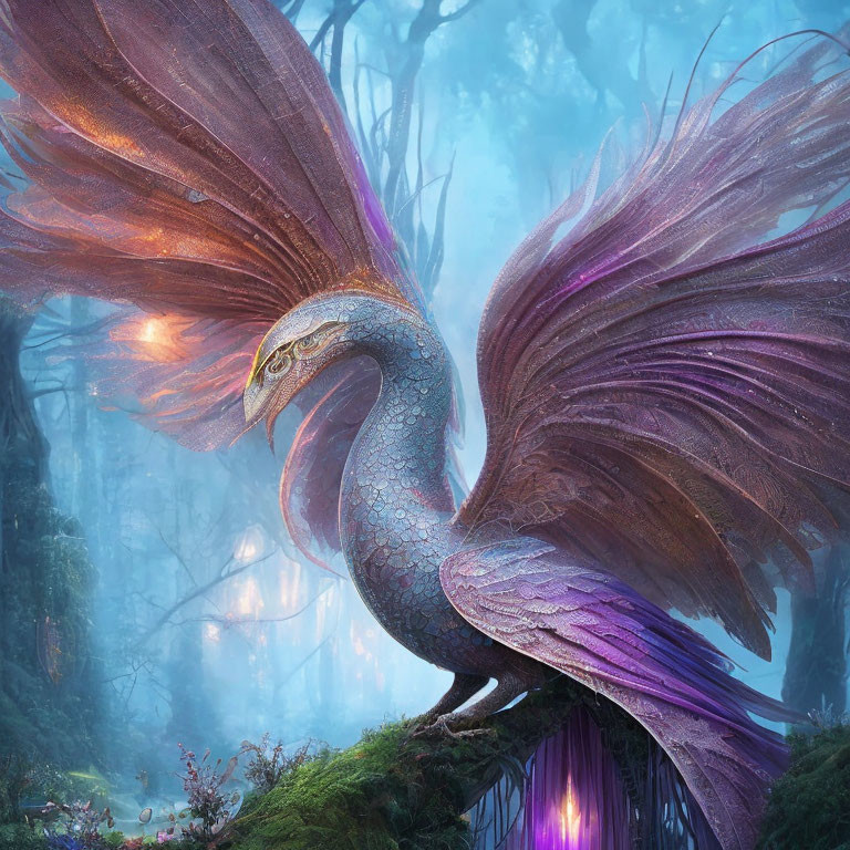 Majestic bird with purple and blue feathers in misty forest