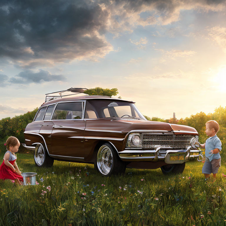 Children washing classic station wagon in sunny meadow