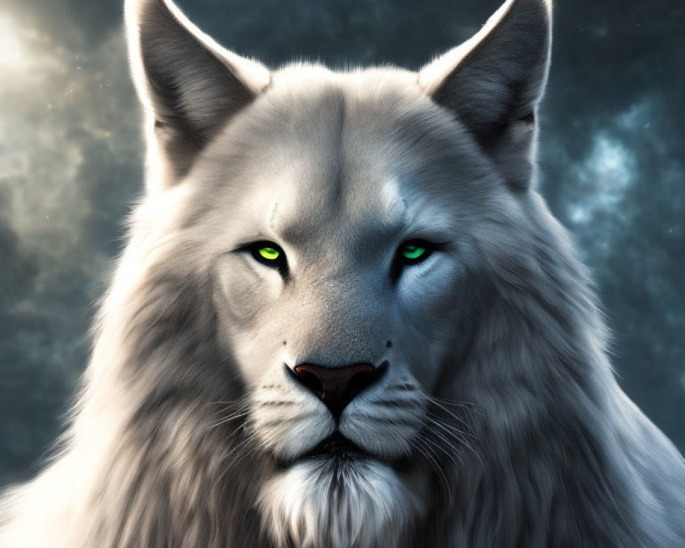 Majestic lion-headed creature with green eyes under starry sky