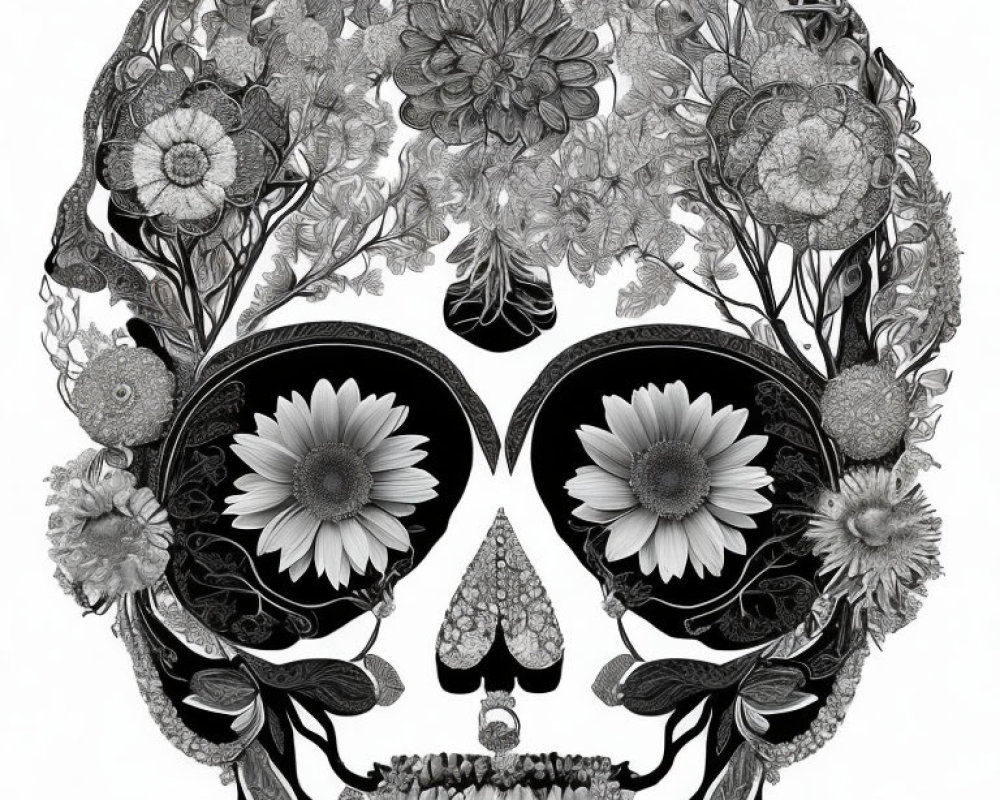 Monochrome human skull with intricate floral details