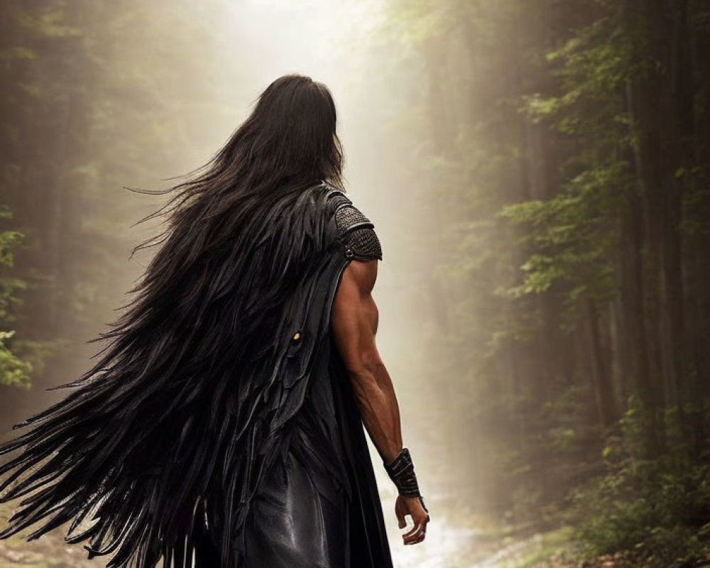 Person in leather outfit walking in misty forest with long hair.