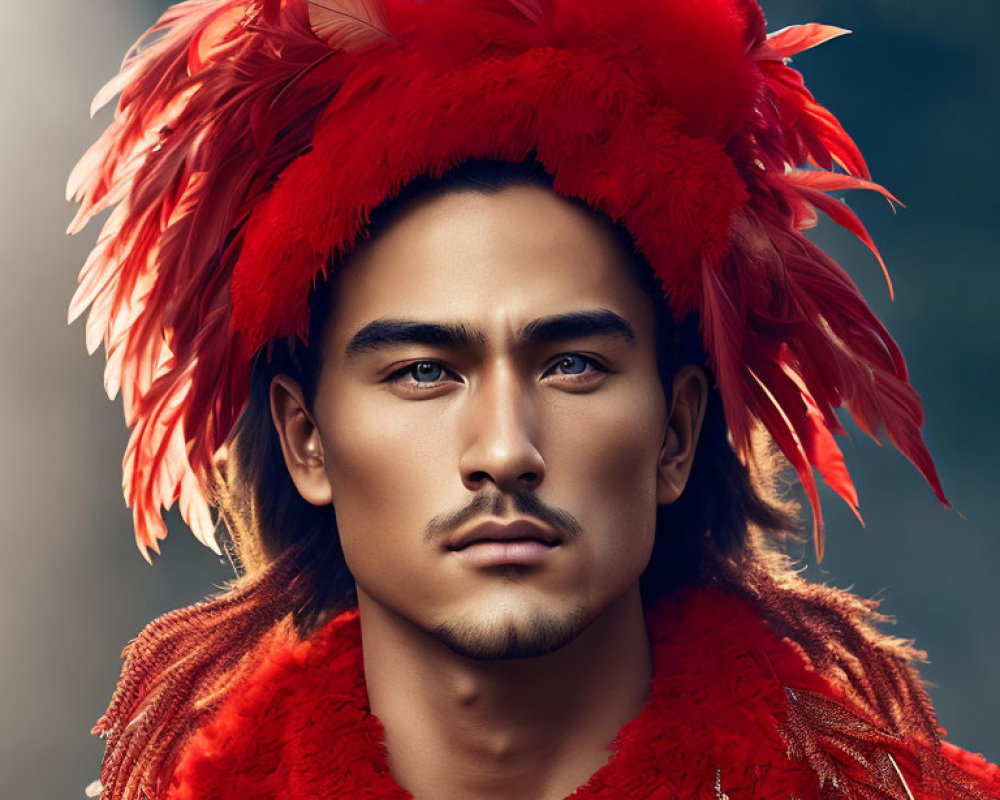 Portrait of a man in red feather headdress with groomed facial hair