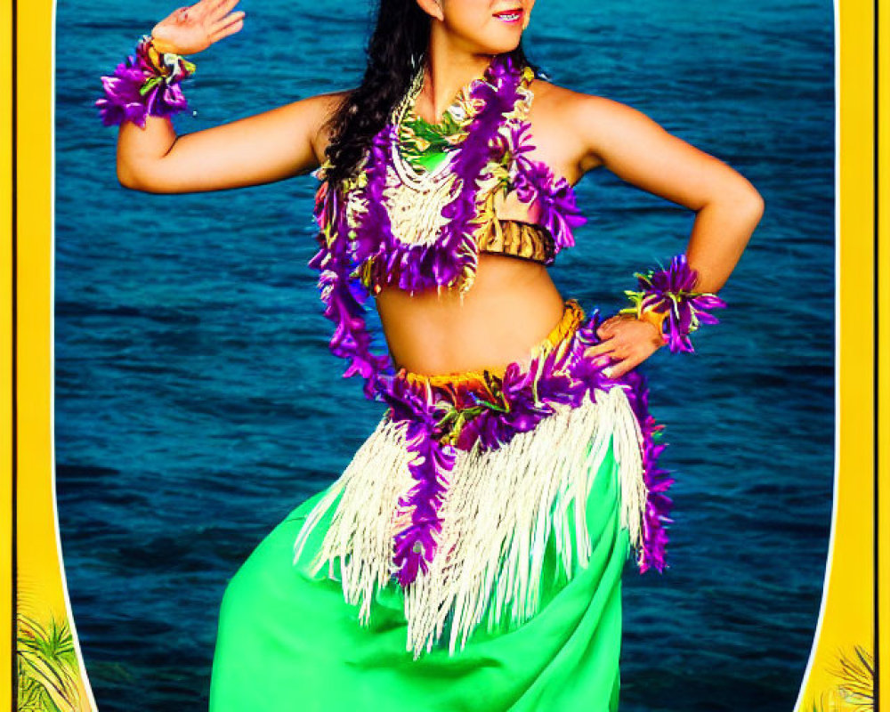 Woman in Green Hula Skirt Poses with Floral Adornments against Tropical Backdrop