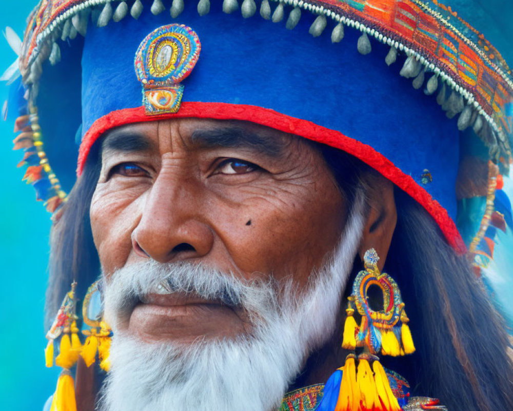 Weathered-faced man in vibrant blue traditional headdress with feathers and beadwork.