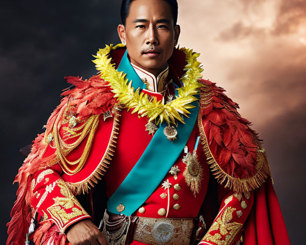 Regal man in red and gold attire with sword against stormy sky.