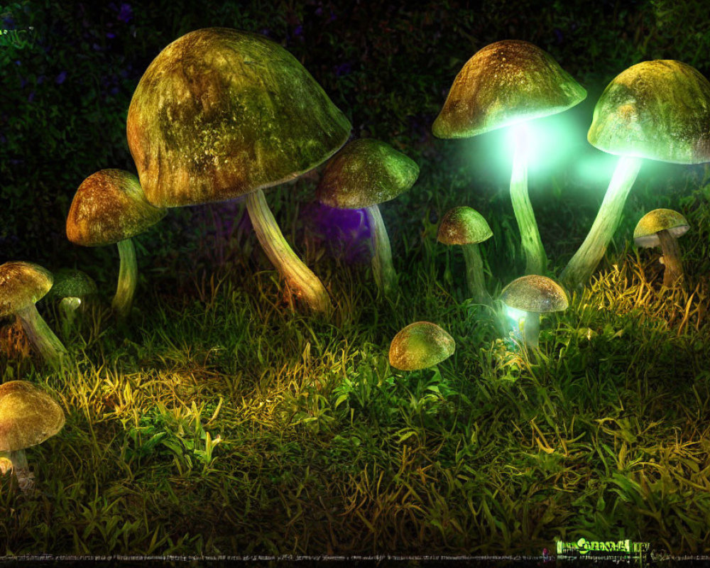 Mystical forest scene with glowing mushrooms at night