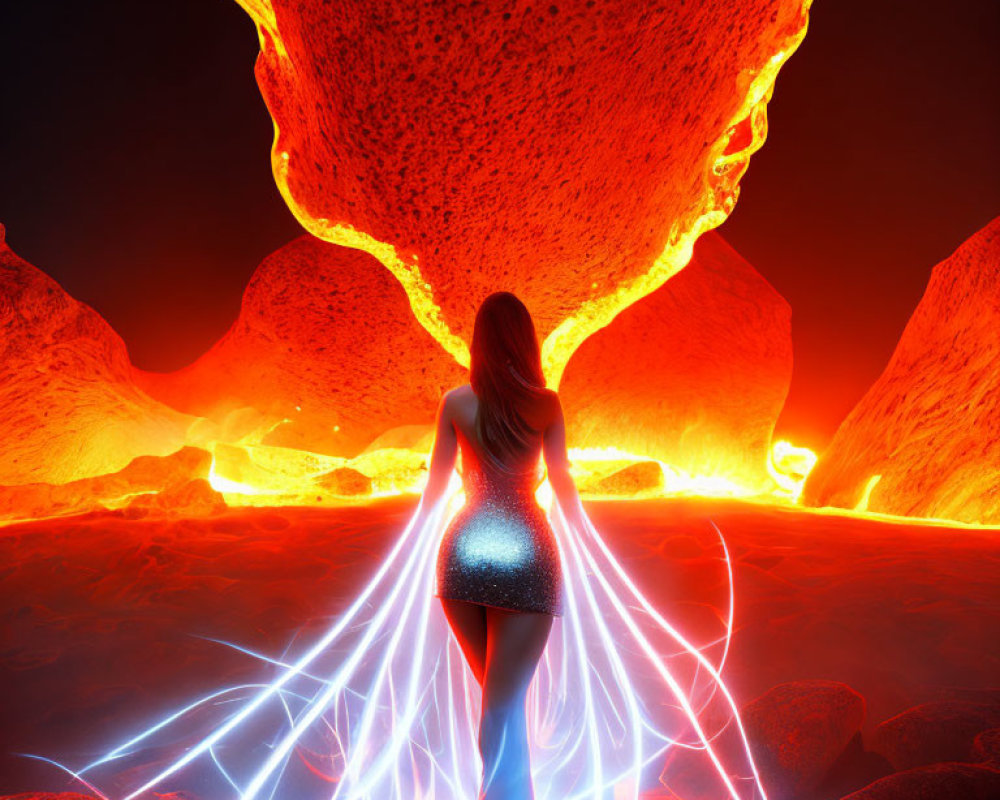 Woman with Glowing Wings in Fiery Volcanic Landscape