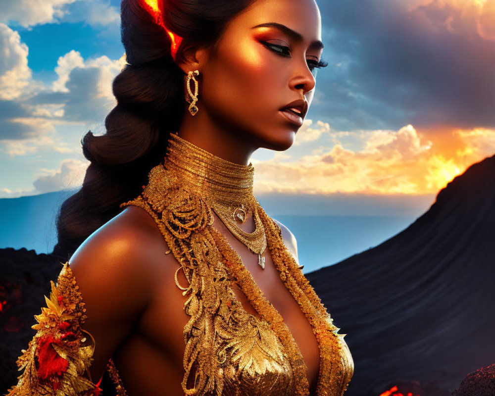 Woman in gold jewelry poses against volcanic sunset backdrop