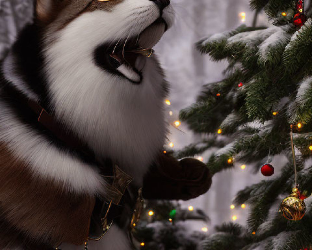 Dog and cat by Christmas tree with snowy forest backdrop and gifts.