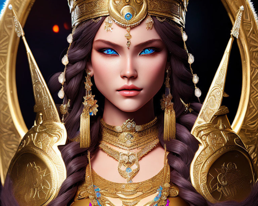 Regal figure with blue eyes and gold crown against dark backdrop