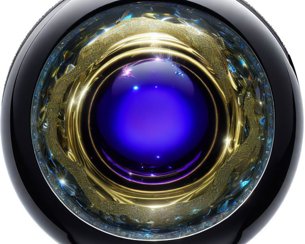 Abstract digital artwork: shiny spherical object with blue core, gold accents, black circular frame