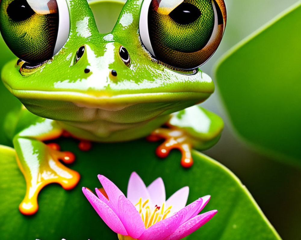 Colorful Cartoon Frog on Green Leaf with Pink Water Lilies