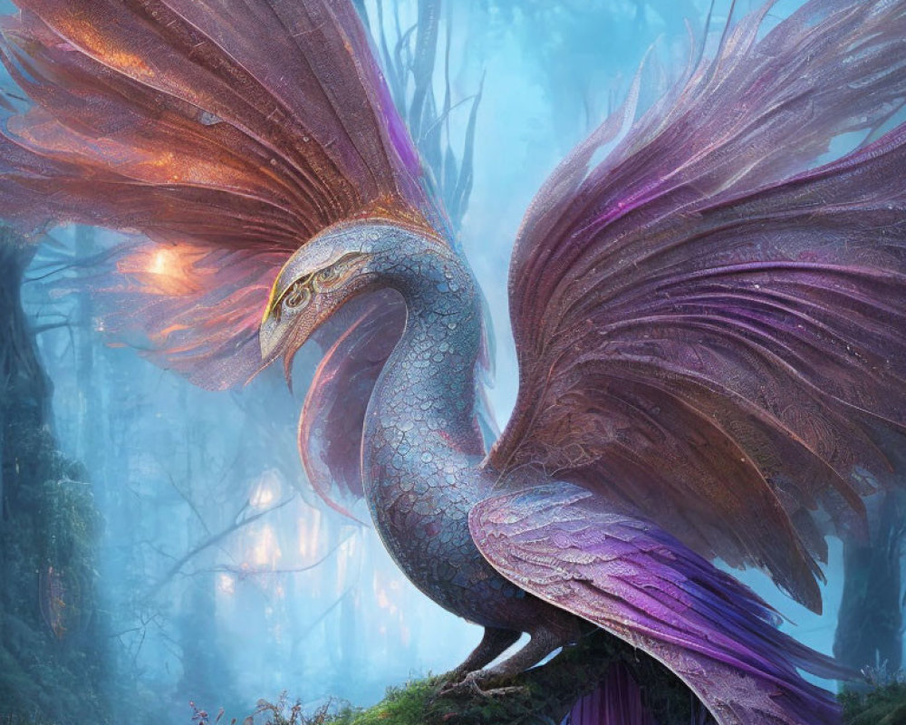 Majestic bird with purple and blue feathers in misty forest