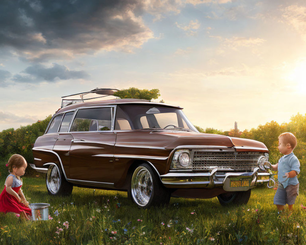 Children washing classic station wagon in sunny meadow